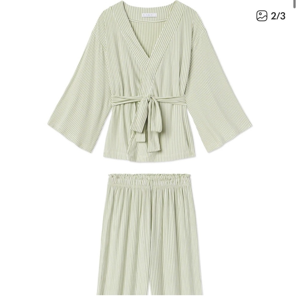 Like New Lake Pajamas DreamKnit Kimono Pajama Stripe L brown/cream and white